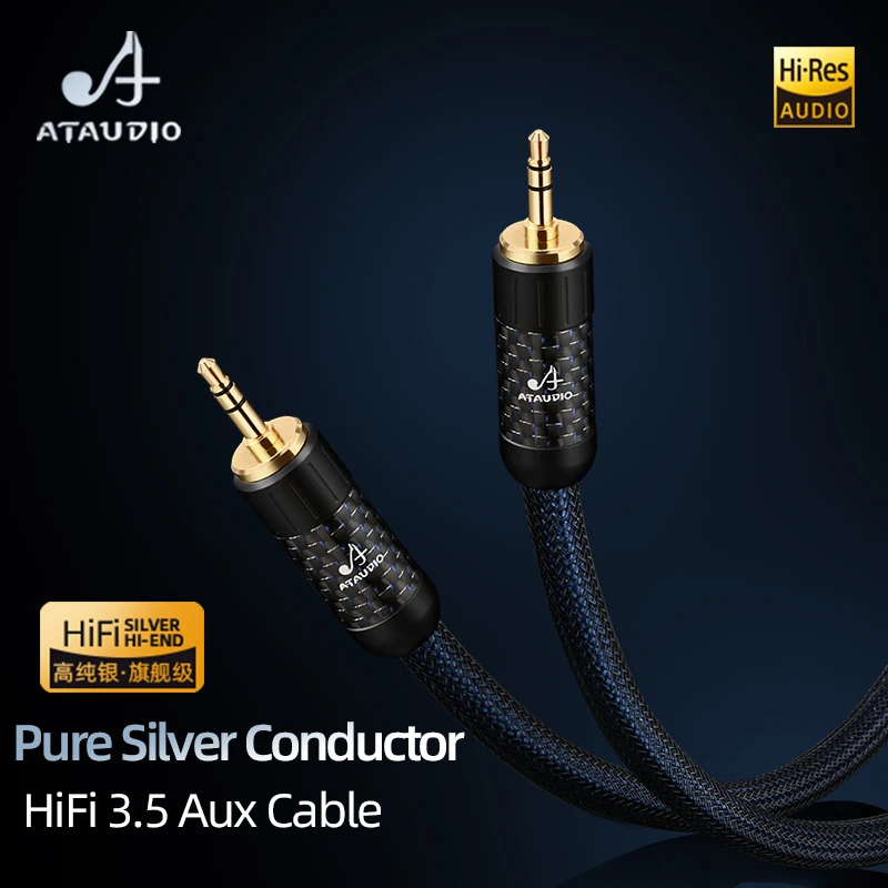 ATAUDIO 3.5mm Audio Extension Cable Hi-End Pure Silver 3.5mm Male to 3.5mm Male Audio Aux Cable For Phone Headphones Speaker