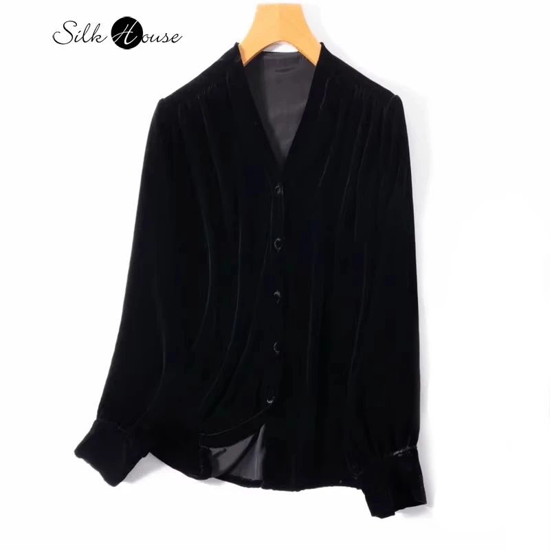 

2024 Women's Autumn/Winter New Light Luxury Black 30% Natural Mulberry Silk Velvet V-neck Long Sleeve Retro Lantern Sleeve Shirt