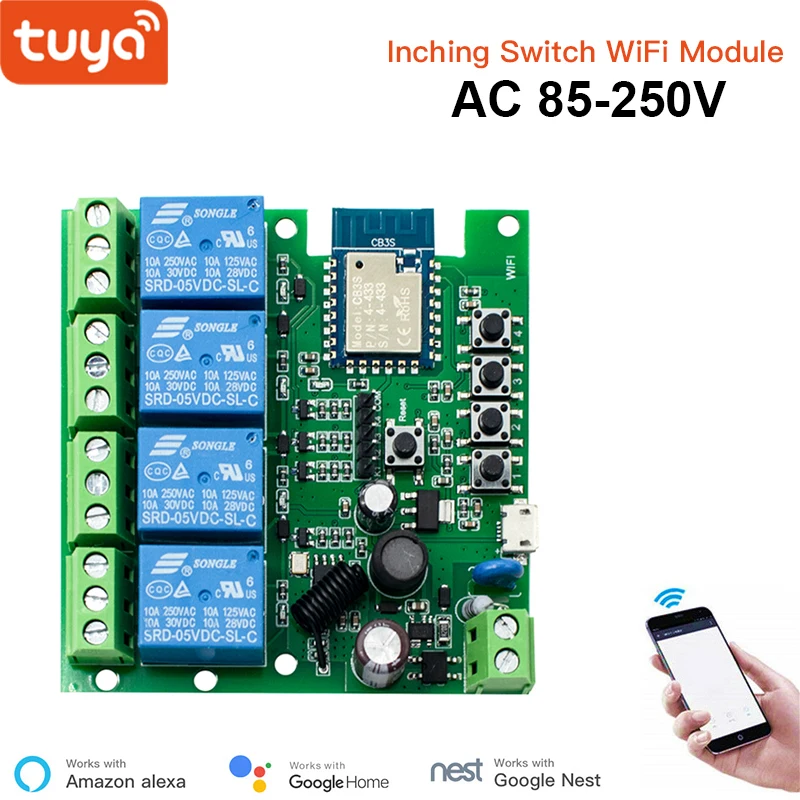 Tuya 4CH Relay Module WiFi Smart Switch Smart Life Automation Home APP Control RF 433 Work With Alexa For Door Access