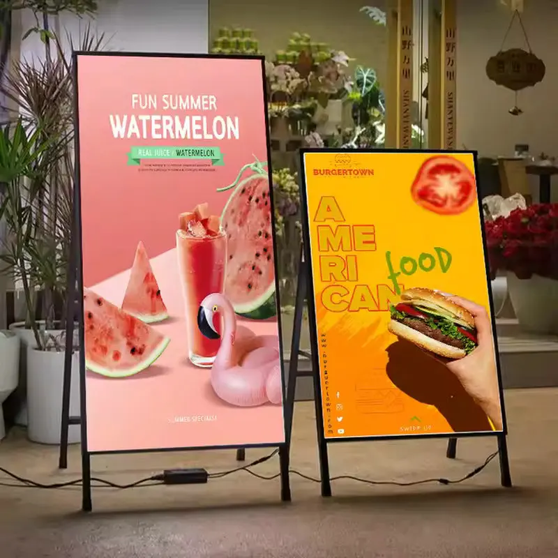 Floor-standing LED Light Box Tempered Glass Outdoor Waterproof Illuminated Advertising Foldable Metal Frame Poster Display Board