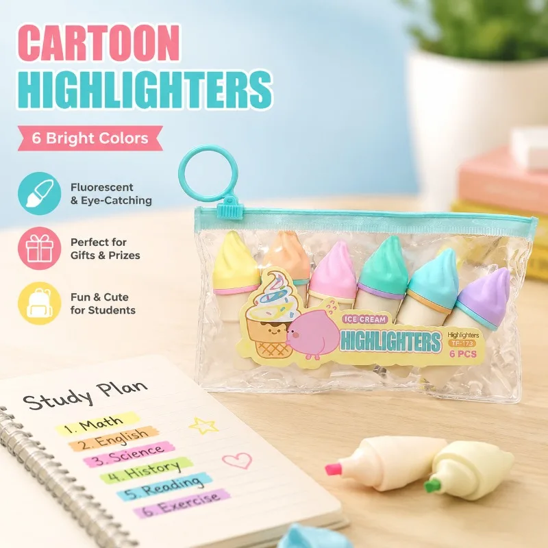 New Arrival Cartoon Shaped 6 Pcs Highlighter Candy Design Watercolor Marker Student Prize Gift Labeling Pen for Notebook Journal