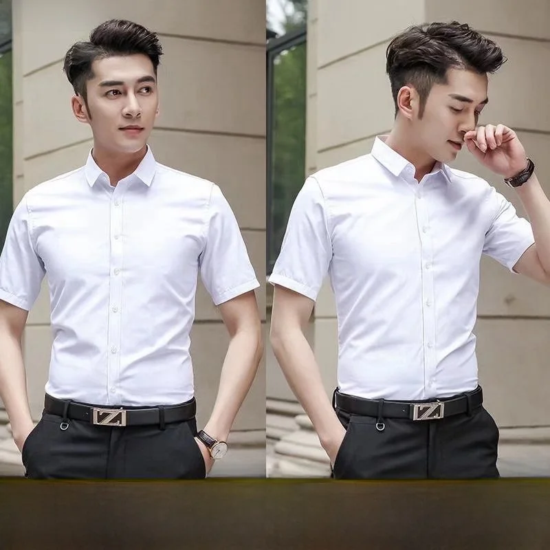 

Summer Busin Casual Men's ort Sve irt Bla Slim Fit 2 Pieces Youth Faion Woven Fabric Iron-Free irt