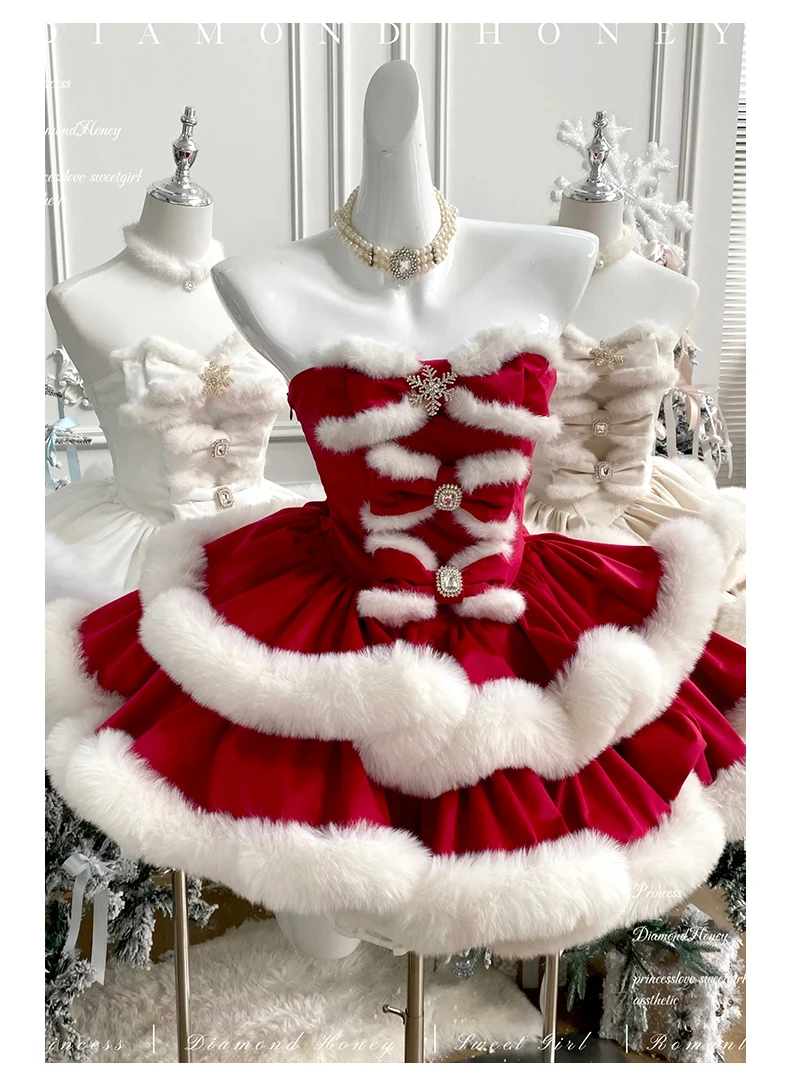 Christmas Red Japanese Original Lolita Princess Tube Top Dress Sweet Retro Dream Doll Holiday Dress Sweetheart Girl Dress