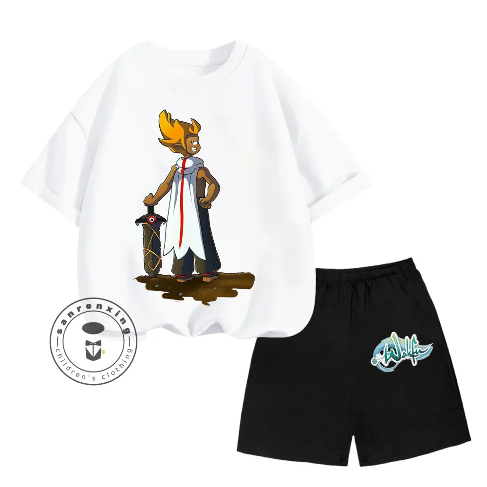 Summer Kids Fashion Two-piece Set Wakfu Animated Cartoon Character Print Design O-neck Short Sleeves and Hip Hop Style Shorts