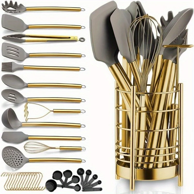 

38pcs Set of Golden Kitchenware, with Edible Grade Silicone Heads to Protect Your Cookware. Made of Stainless Steel Material, It