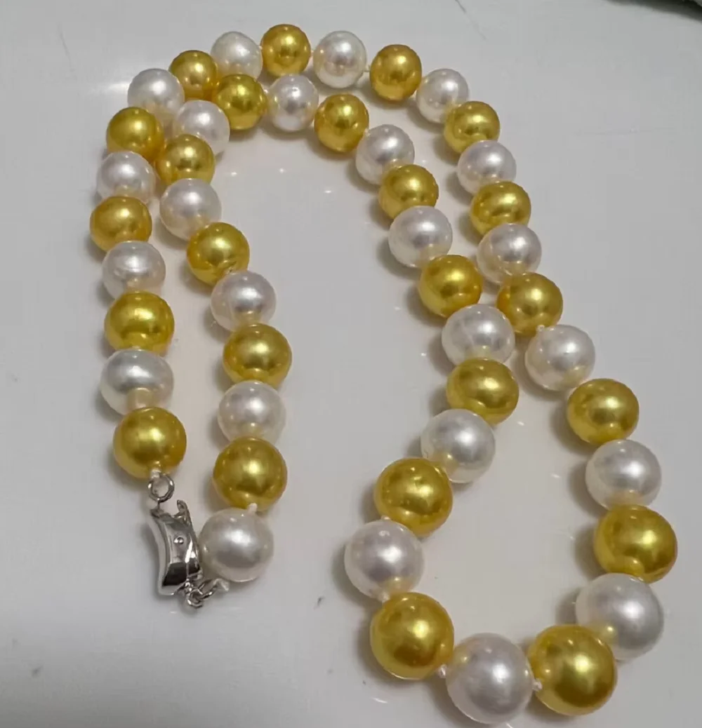 

Natural Pearl AAAA8-9mm South Sea Round White+Gold Pearl Necklace 18inch/925s