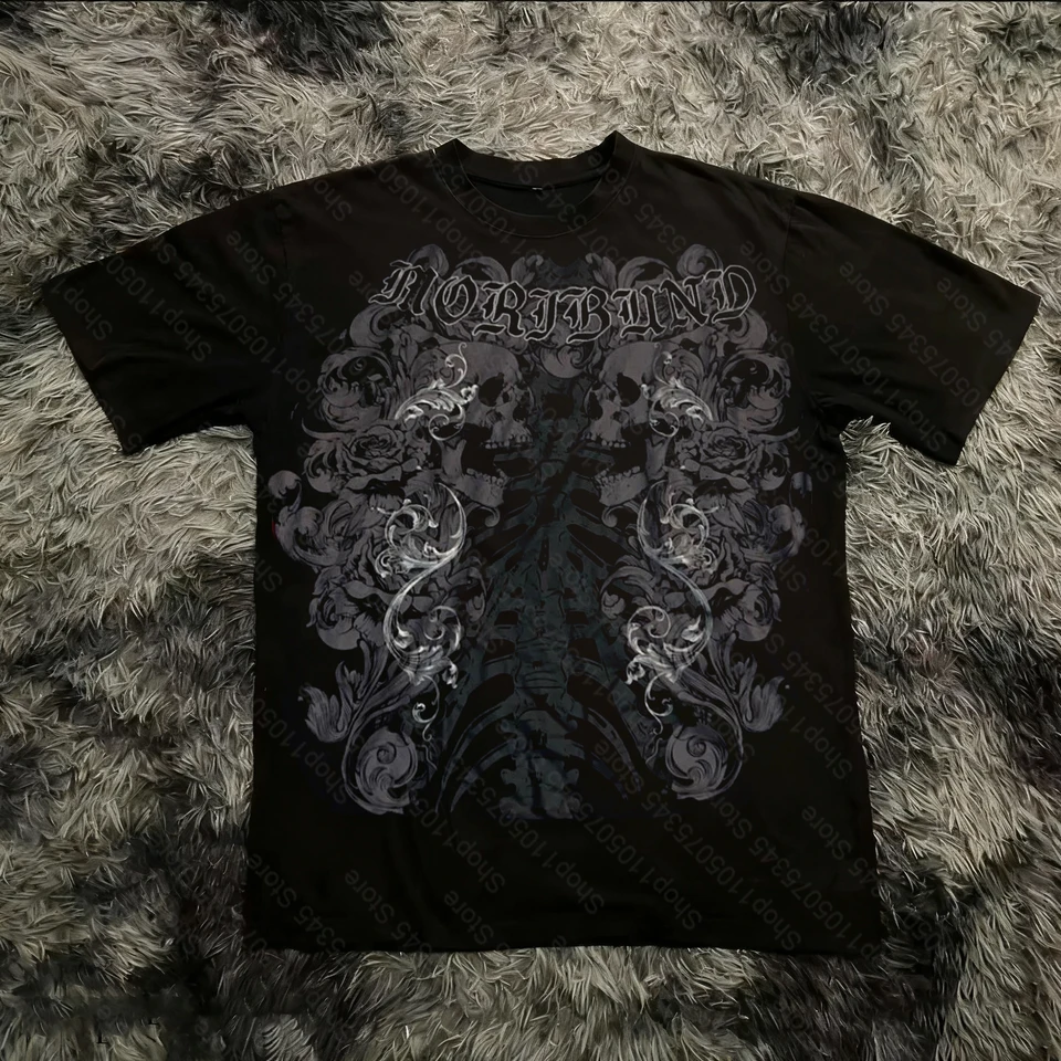 Playera clásica de verano estilo gótico Y2K con estampado, corte holgado, cuello redondo, algodón para hombre y mujer, estilo urbano 5