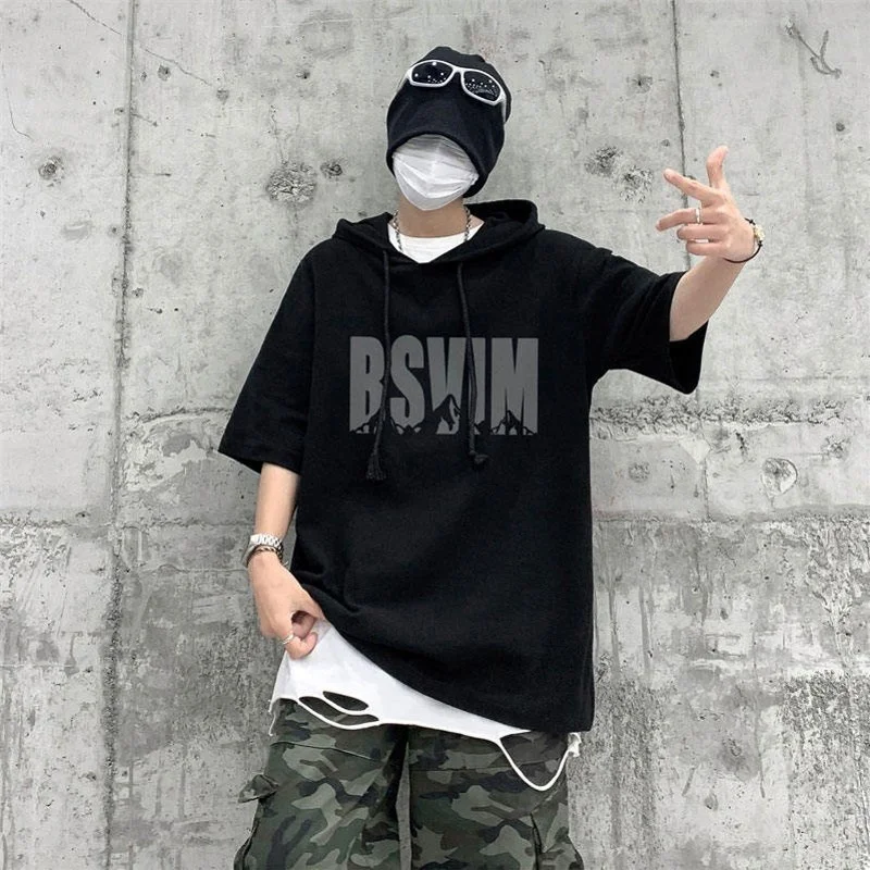 Fashion Men Short Sleeve Hoodies Letter Printing Black White Summer Casual Hooded Jumper Oversize Clothing Streetwear Pullover