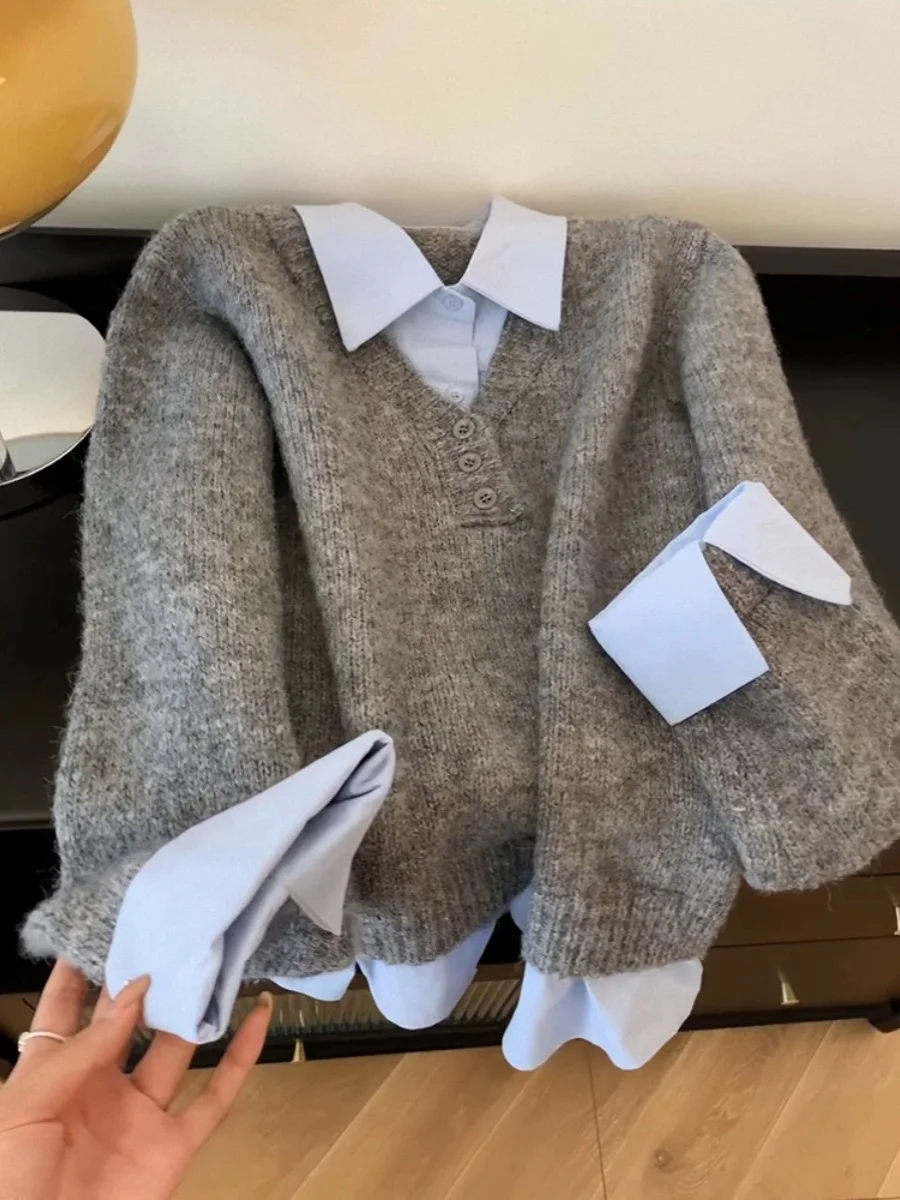 

Женский новый стильный серый, синий контрастный свитер, искусственный комплект из двух предметов, весенне-осенний корейский вязаный топ с отложным воротником