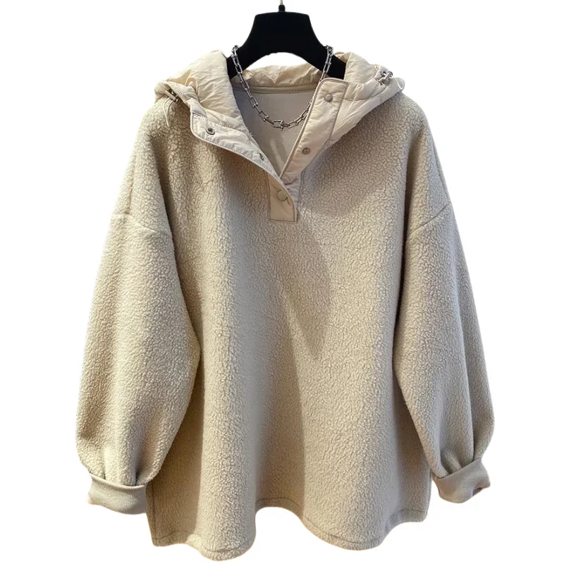 Women High-end Hooded Long-sleeved Warm Sweatshirt Autumn and Winter Versatile Loose Casual Furry Polar Fleece Pullover Jackets