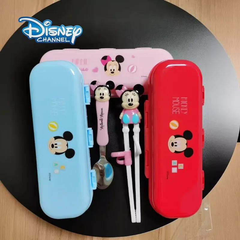 Disney Kids Training Chopsticks Cute Minnie and Mickey Baby Tableware Cartoon Anime Spoon and Fork Set