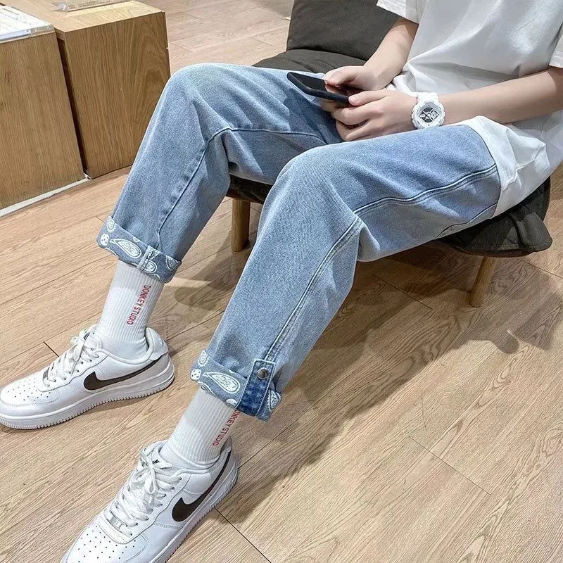 Men Denim Pants Vintage Straight Jeans Baggy Trouser Prints Patchwork Black Man Colthing Streetwear Design Casual Solid Slim