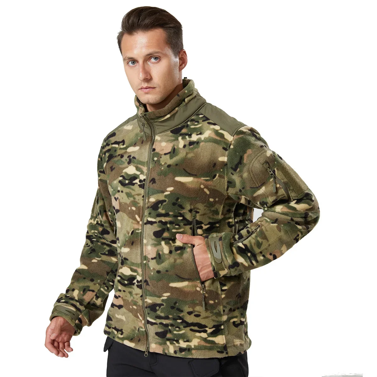 

Autumn Winter Men's Standing Collar Fleece Jacket Inner Lining Outdoor Sports Camouflage Tactical Plush Coat Trekking Camping