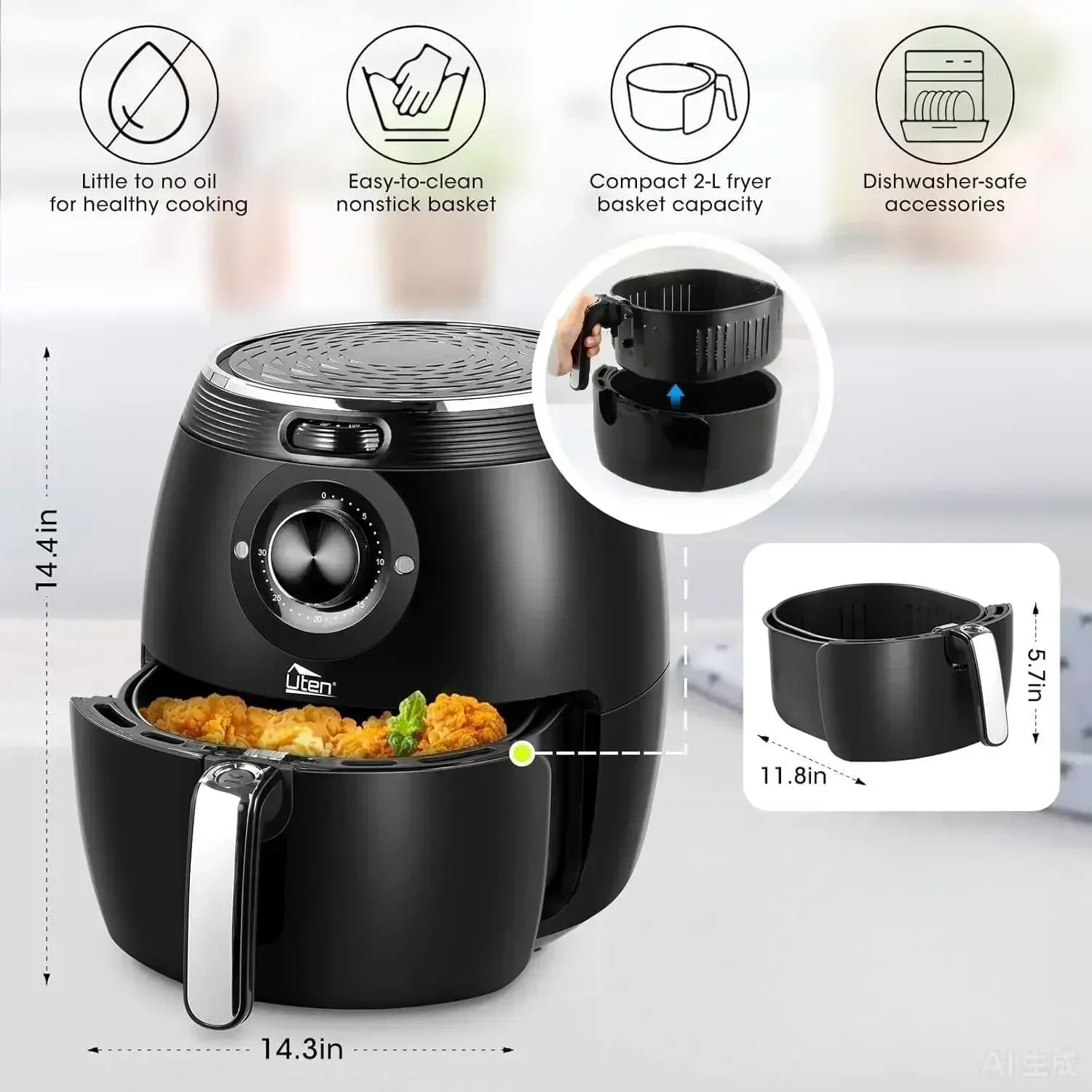 Air Fryer 5.8QT/5.5L, Uten 1700W AirFryer High-Power Electric Hot Temperature Control & Timer Knob, Non Stick Fry Basket, Dishwasher Safe, Apply to Party, Afternoon Tea, Black