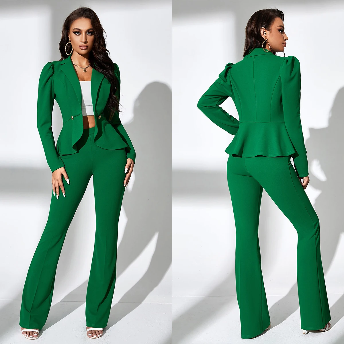 2 Stuks Hunter Green Suits Avondjurken Bladerdeeg Mouwen Prom Jassen Custom Made Ruches Blazer Broek Party Jurken