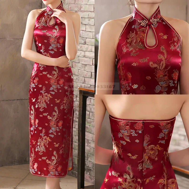 

Sexy Backless Sleeveless Cheongsam Female Retro Classic Brocade Chinese Qipao Dress Plus Size Dragon and Phoenix Vestidos 3XL
