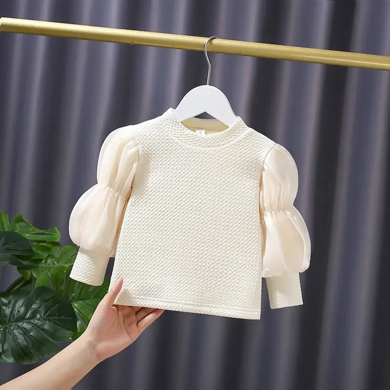 Girls' Velvet Bottom Shirt Autumn Winter Baby Long Sleeve Warm Coat Solid Color Princess Style Children's Sweater Inner T-shirt