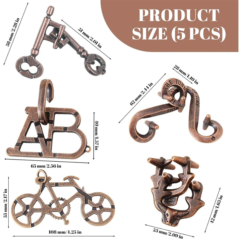 Retro Magic IQ Metal Brain Teaser Puzzles Set 5PCS Entsperren Interlock Game Mind Logic & Skill Development Lernspielzeug