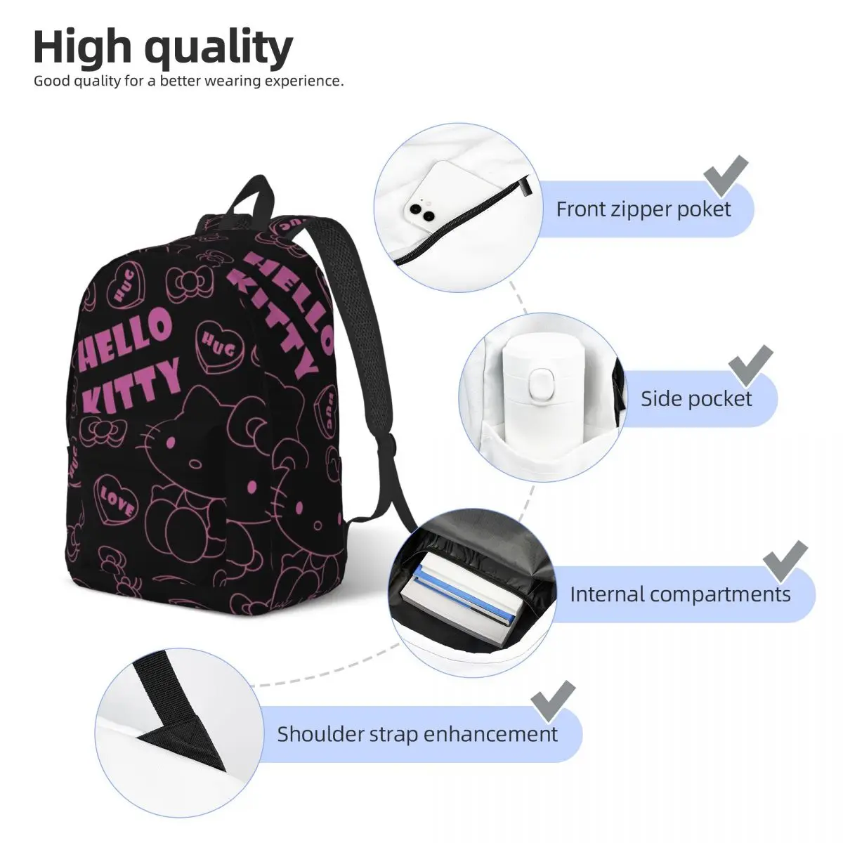 Hello Kitty Cute Cartoon Backpack for Men Women Casual High School Work Daypack College Canvas Bags Gift