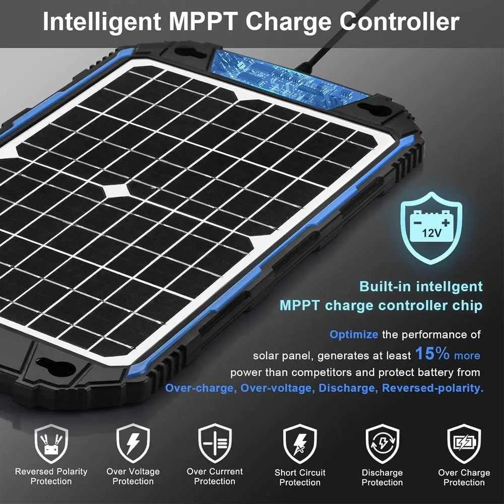 Waterproof 12W 12V Solar Battery Charger & Maintainer Pro, Built-in UltraSmart MPPT Charge Controller, 12 Volt Solar Panel Trick view 2