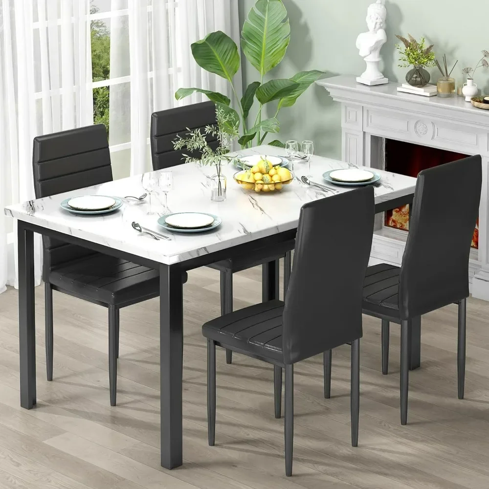 Dining Table Set for 4, Kitchen Table & Chairs Set, Faux Marble Table Set with 4 Upholstered PU Leather Chairs, White & Black