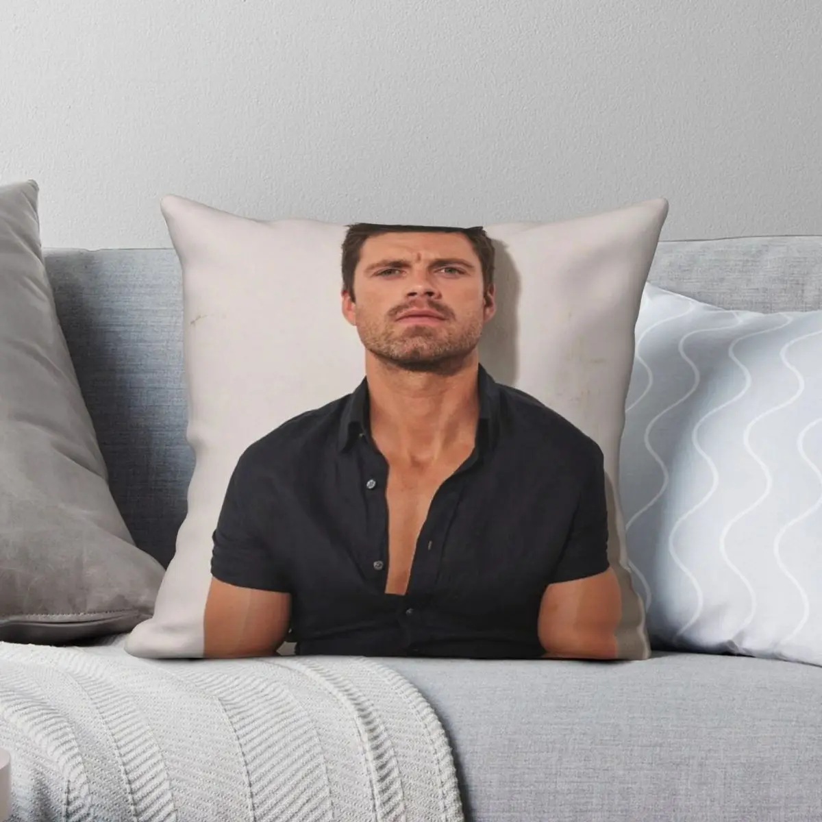 Sebastian Stan Black Shirt Square Pillowcase Polyester Linen Velvet Creative Zip Decorative Sofa Seater Cushion Case