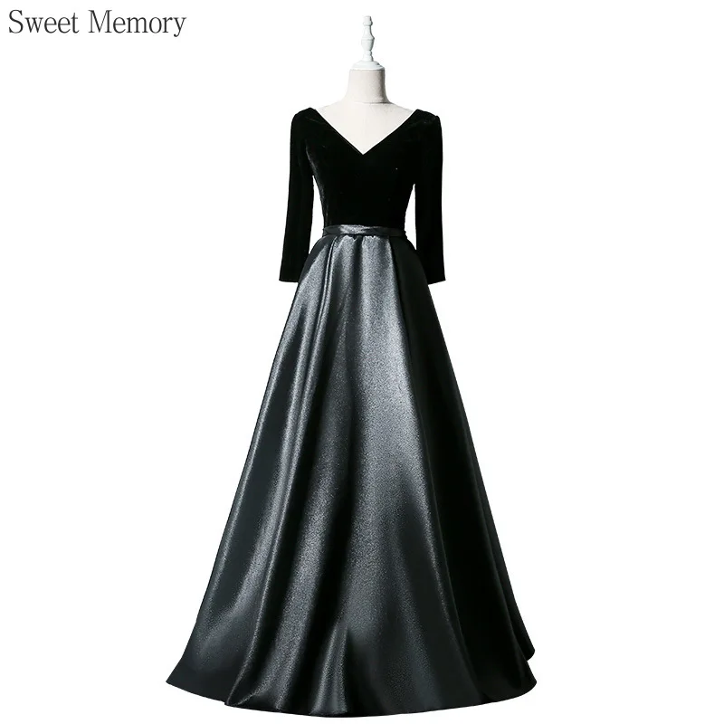 

J128 Sweet Memory Black Dress Mother Of The Bride Dresses Elegant Satin Velour Floor Length Evening Dress Lace Up Formal Gown