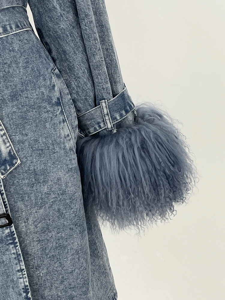 جديد 2025 معطف الشتاء الإناث النساء ريال منغوليا الأغنام الفراء الدنيم سترة كبيرة ريال الفراء طوق الملابس حزام طويل الجينز سترة