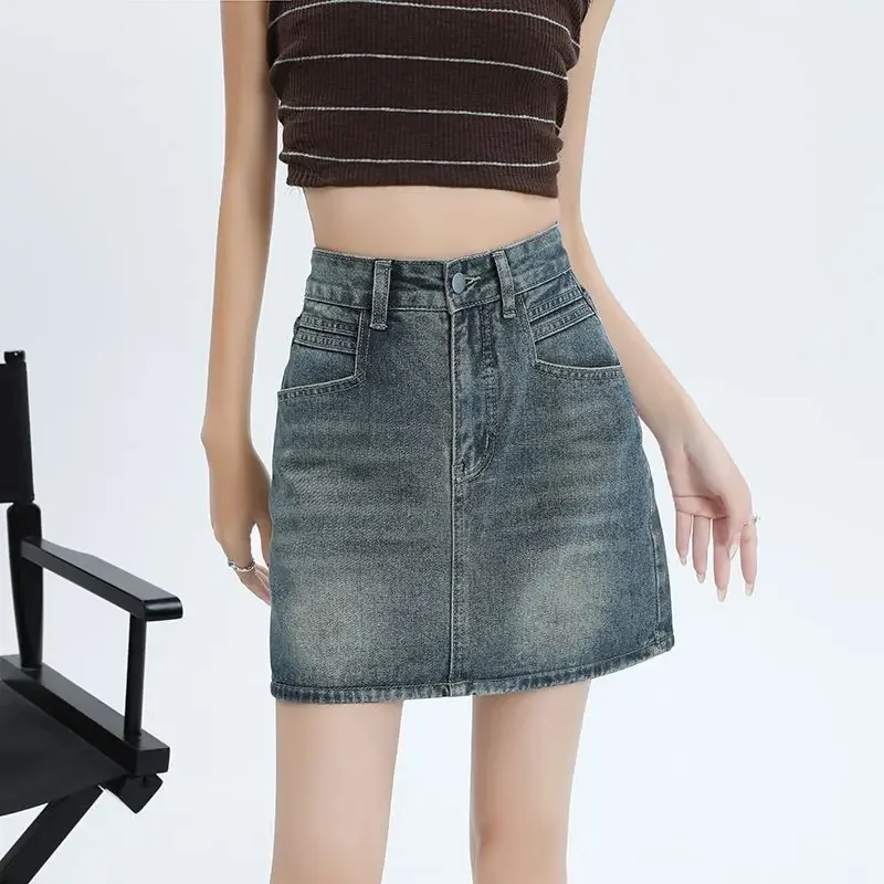 여름 다목적 짧은 스커트 여성 패션 섹시 슬림 하이 웨이스트 랩 힙합 미니 스커트 여성 한국어 세련된 포켓 a 라인 데님 스커트