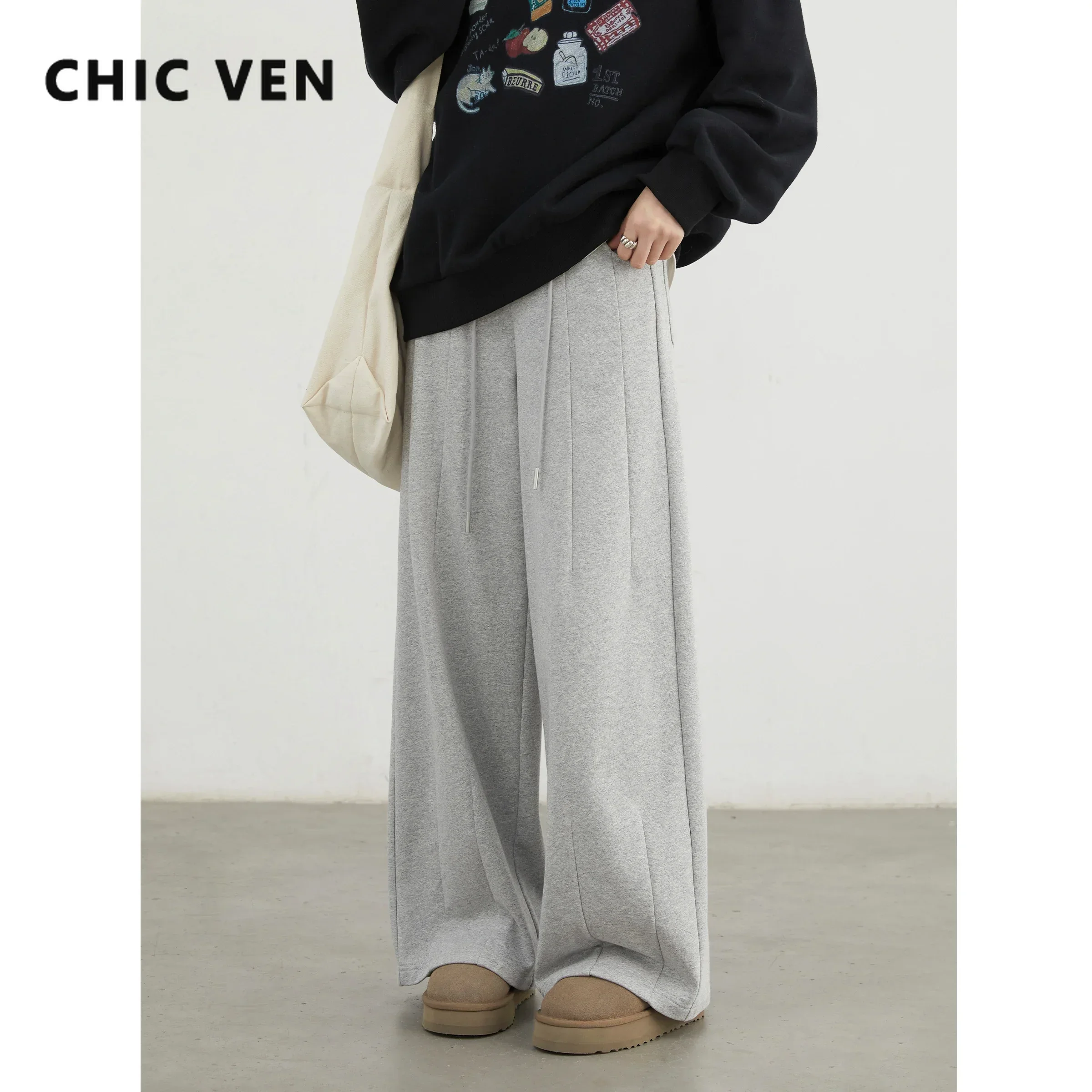 CHIC VEN Women Pants Loose High Waisted Casual Sweatpants Straight Wide Leg Pant for Woman Female Trousers Autumn Winter 2024