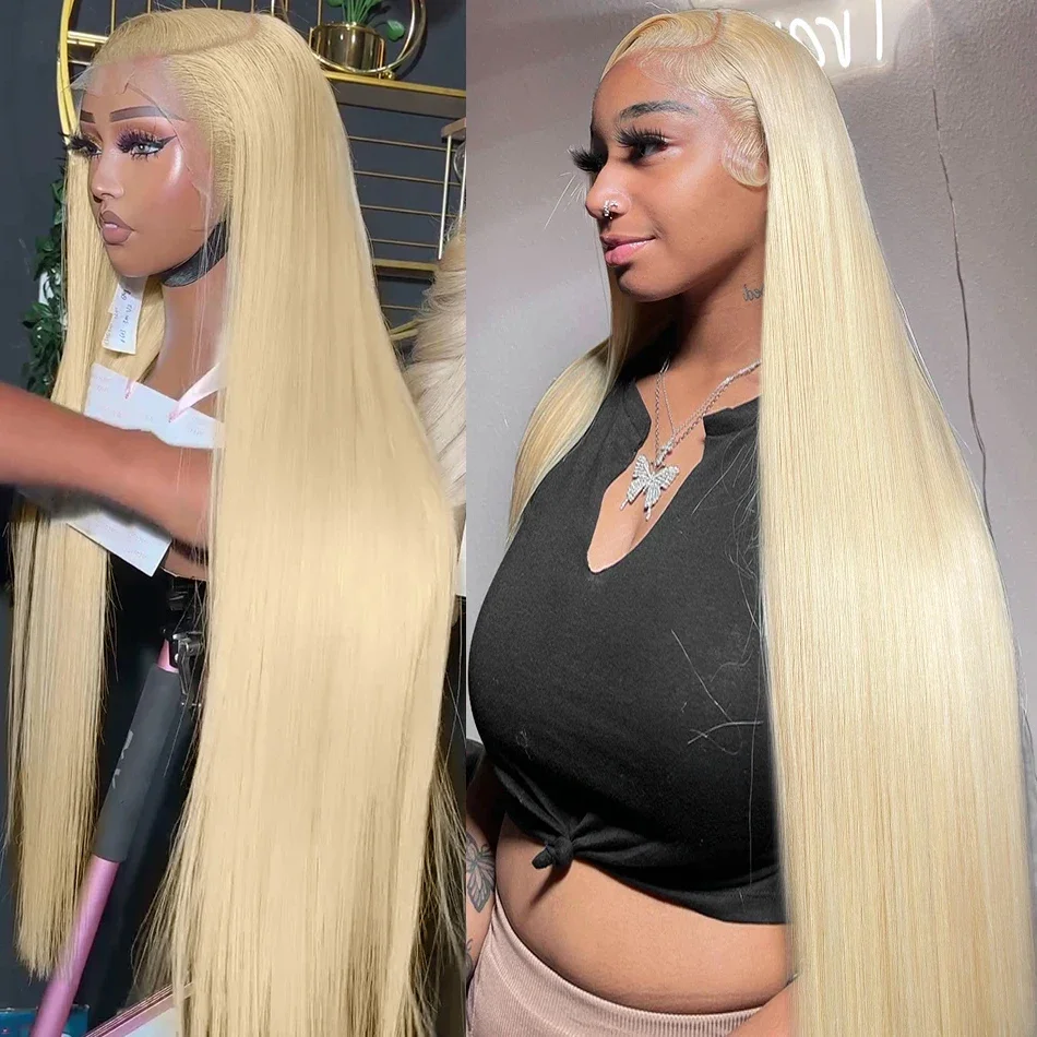 HD Transparent Blonde Straight 36 Inches 13x6 Lace Front Human Hair Wigs Brazilian Lace  For Women PrePlucked #613 Lace Wig