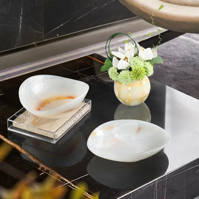 Luxury Natural Fruit Bowl, Art Stone Jewelry Storage Tray, Tabletop Decor Ornament for Living Room, Showroom and Home Soft Decor