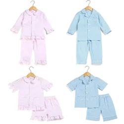 Mudbala Seersucker Two Pieces Spring And Summer Pink Blue Ruffle Button Up Kids Pyjamas Boys And Girls Easter Pajamas Sets