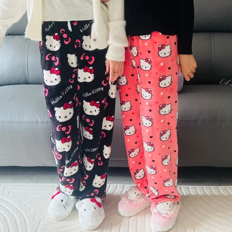 Sanrio Hello Kitty Pajamas Pants Black Pink Anime Flannel Women Warm Woolen White Cartoon Casual Home Autumn Winter Fashion Pant