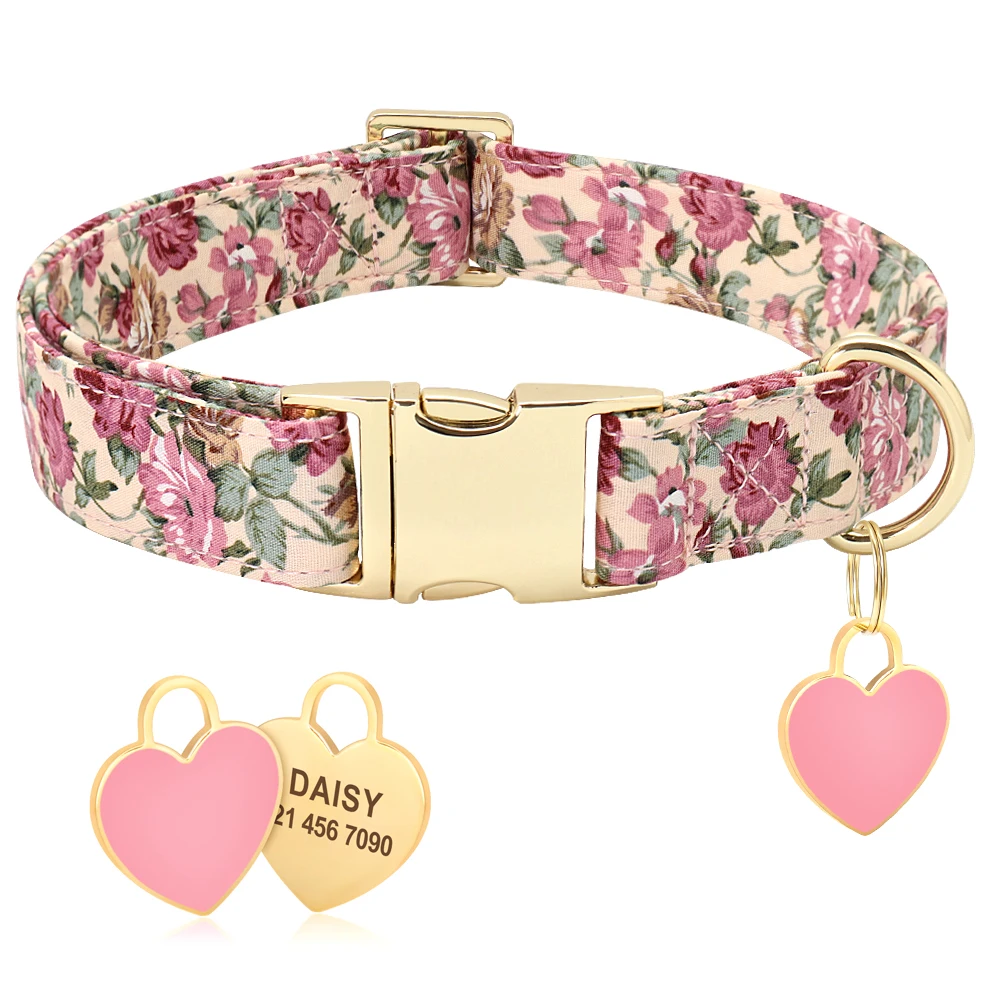 Nylon Dog Collar Printed Dog Collars With Custom ID Heart Tag Pendant Pet Puppy Necklace Adjustable For Small Medium Large Dogs