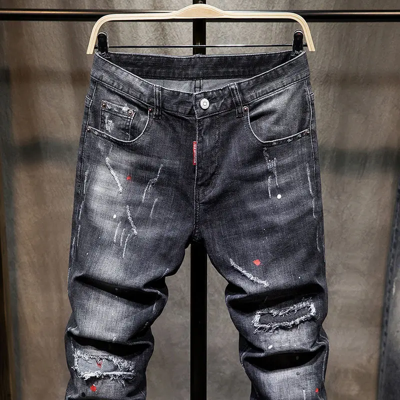 Harajuku celana Jeans Hip-Hop pria, baju gaya Korea Mewah Trendi Slim Fit ramping dengan lubang dan tambalan hitam bergaya Korea 2023