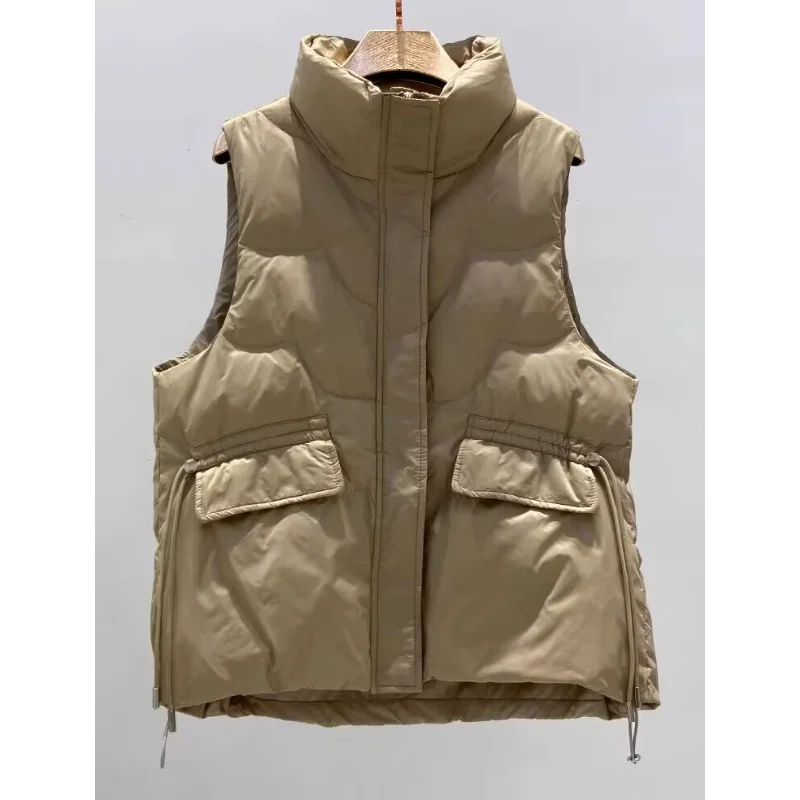 Chaleco de plumón con cuello alto para mujer, chaqueta cálida con bolsillo, versión coreana, 2024