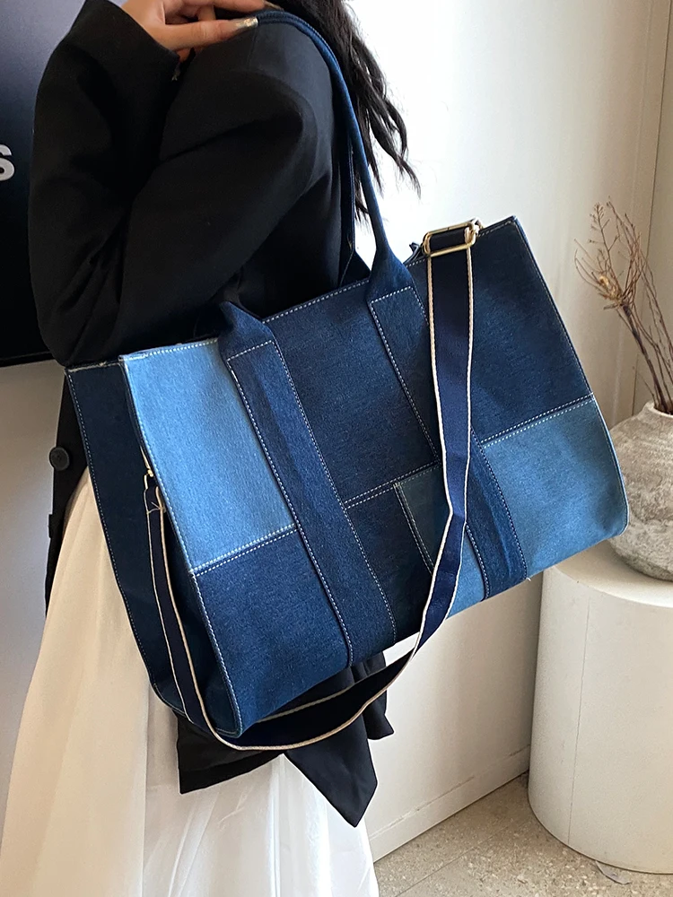 Trendy Pathwork Denim Tote Design Handbags and Purses Women Shoulder Crossbody Bags 2024 New Jeans Messenger Clutches Bag