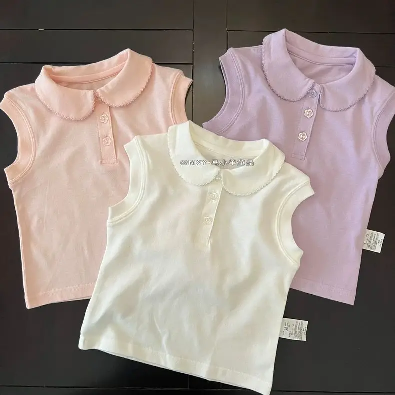 Cotton Doll Collar Sleeveless Girls T Shirt Middle Big Kids Versatile Summer Kids Clothes