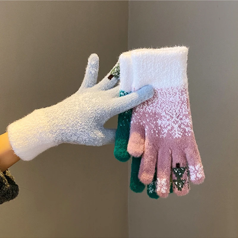 قفازات نسائية دافئة لفصل الشتاء شاشة تعمل باللمس بالإضافة إلى قفازات مخملية سميكة مقاومة للبرودة ودافئة من الصوف المحبوك بدون أصابع قفازات