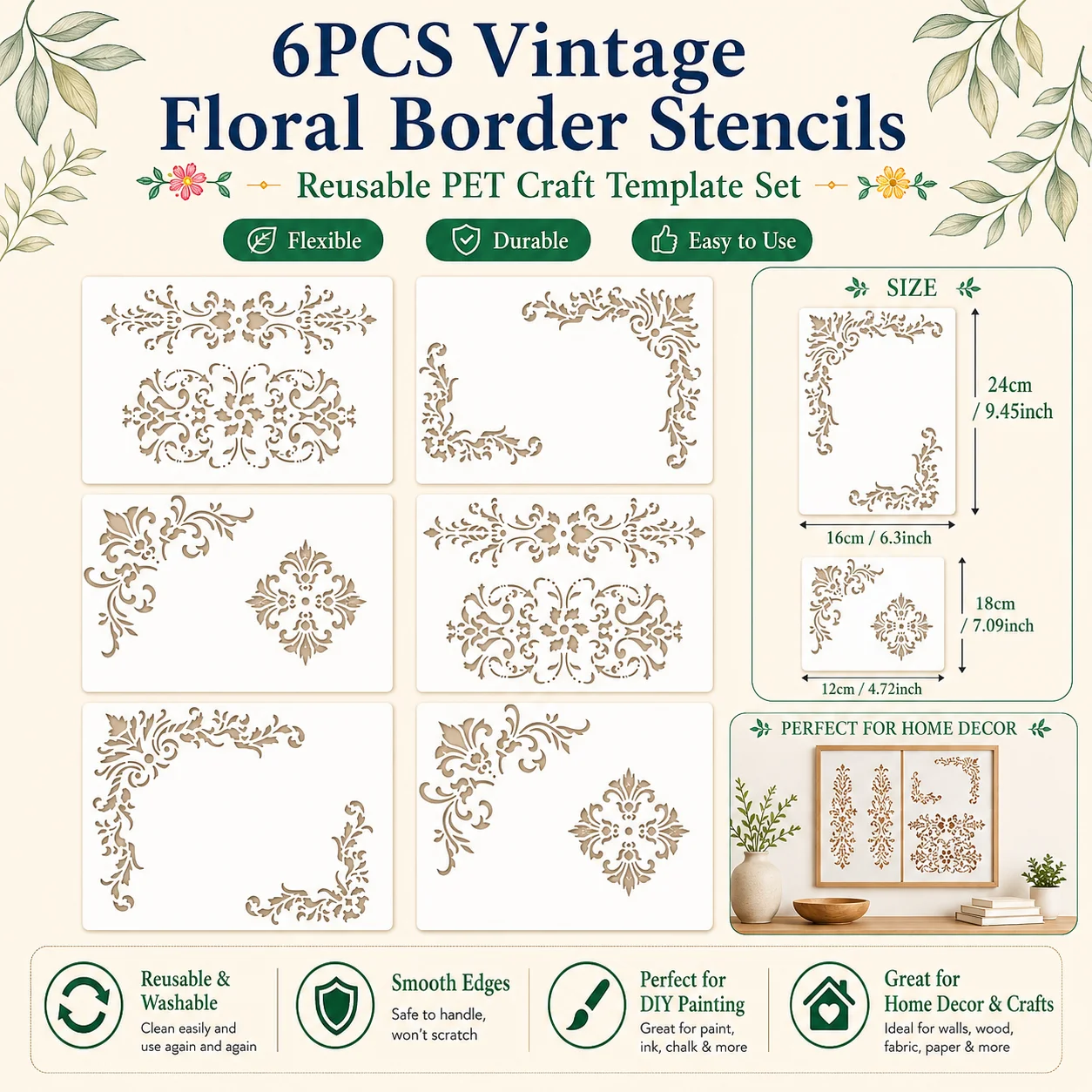 6 Pcs Vintage DIY Border Stencil,Floral Corner Stencils for Painting,Reusable Corner Template for Furniture,Scrapbook,Drawing