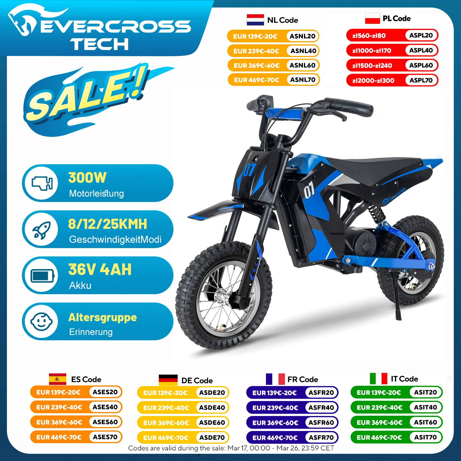 EVERCROSS TECH children's electric Motorbike EV12M-motor 300W, Max speed 25 km/h, autonomy 15 km, 12-inch tires