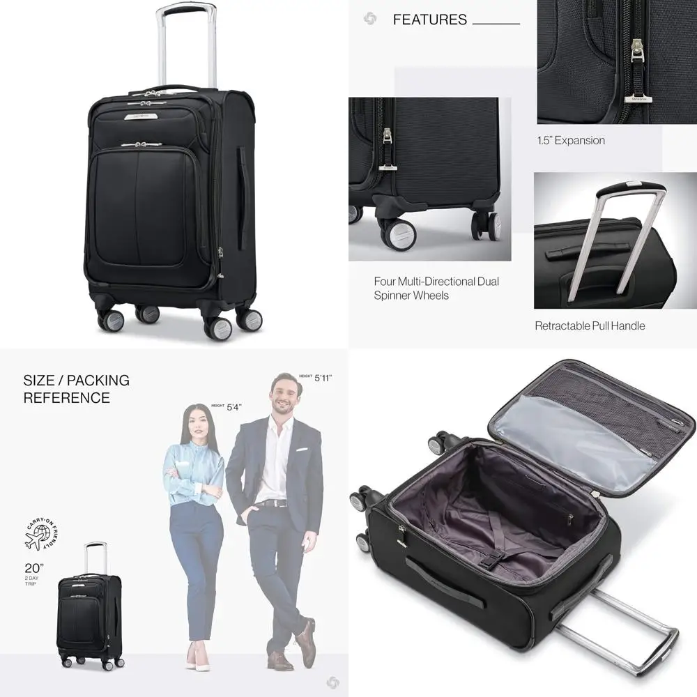 

расширяемая мягкая боковая сумка с вращающимися колесами, полуночная черная, 20-дюймовая ручная кладь