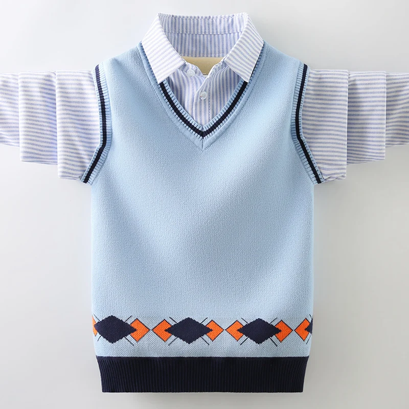 Boys School Uniform Turn Collar Vest Sweater Kids Knitted Warm Casual Pullovers For Children 4-15 Years Autumn Winter Clothes