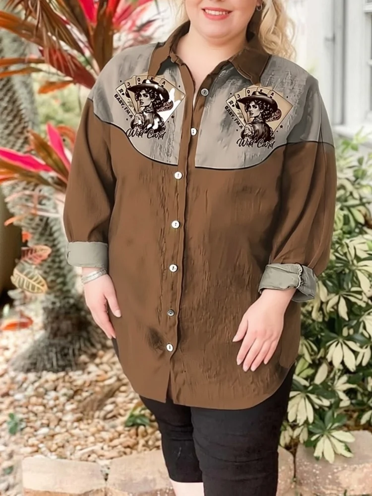 

Женская рубашка больших размеров с принтом в стиле вестерн, винтажная, ретро, на одной пуговице, повседневная, свободного кроя, с длинным рукавом, из смесового американского льна, туника