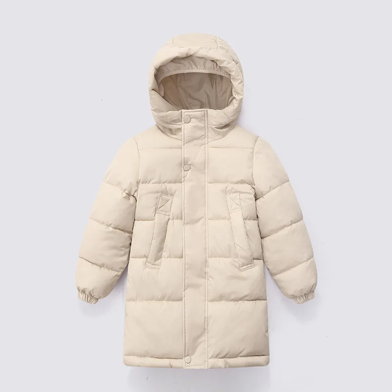 123  2026 Winter Girls Jacket Long Solid Color Thick Warm Hooded Zipper Windbreaker Coat For Boys Cotton Down Snowsuit 4-10 Y