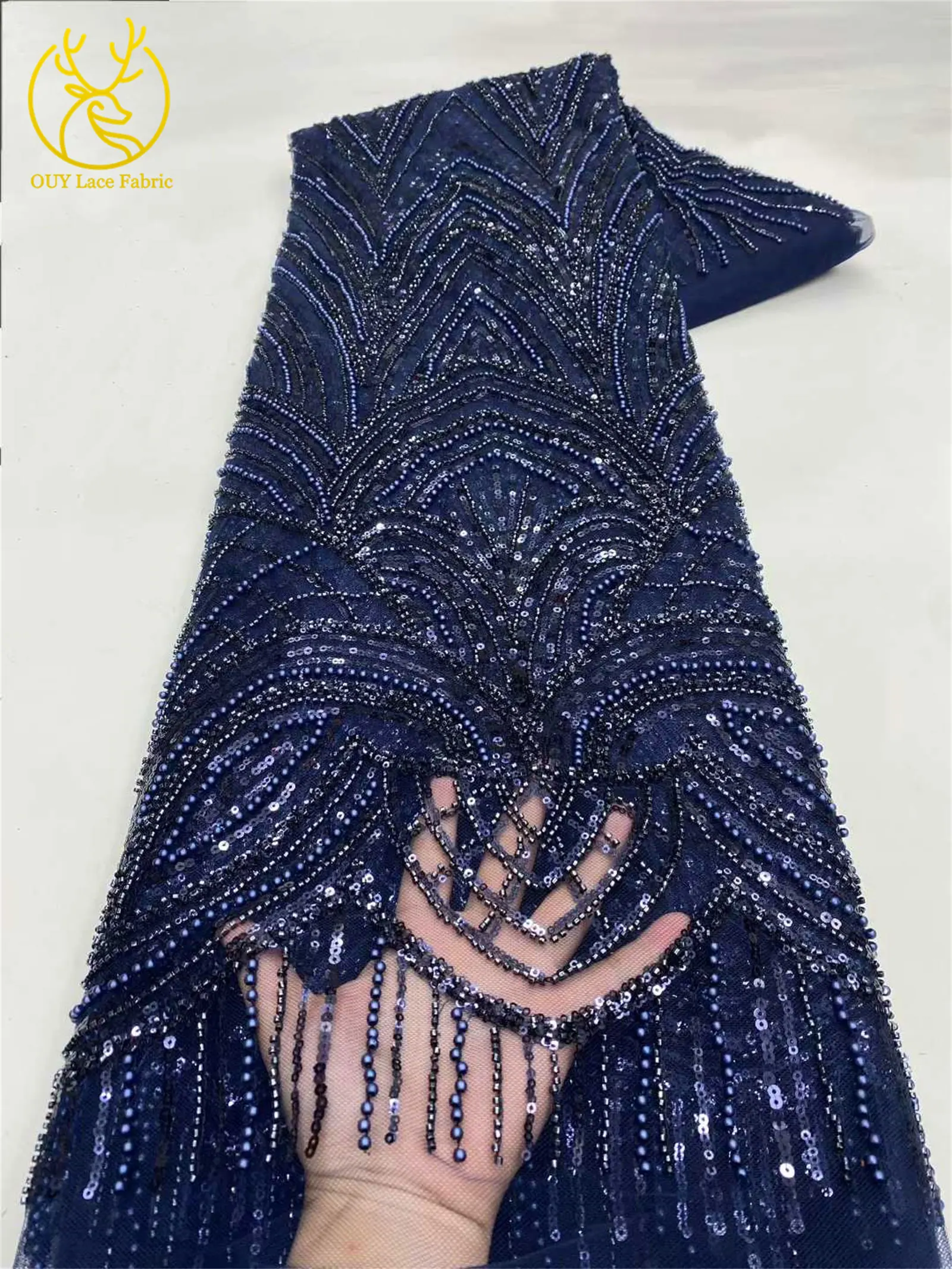 Schwarzer afrikanischer Perlen-Spitzenstoff 2026 Hochwertiger französischer Pailletten-Tüll-Spitzenstoff Nigerianischer Tüll für Hochzeit, Party, Kleid, Nähen, 5 Jahre – Detail 11