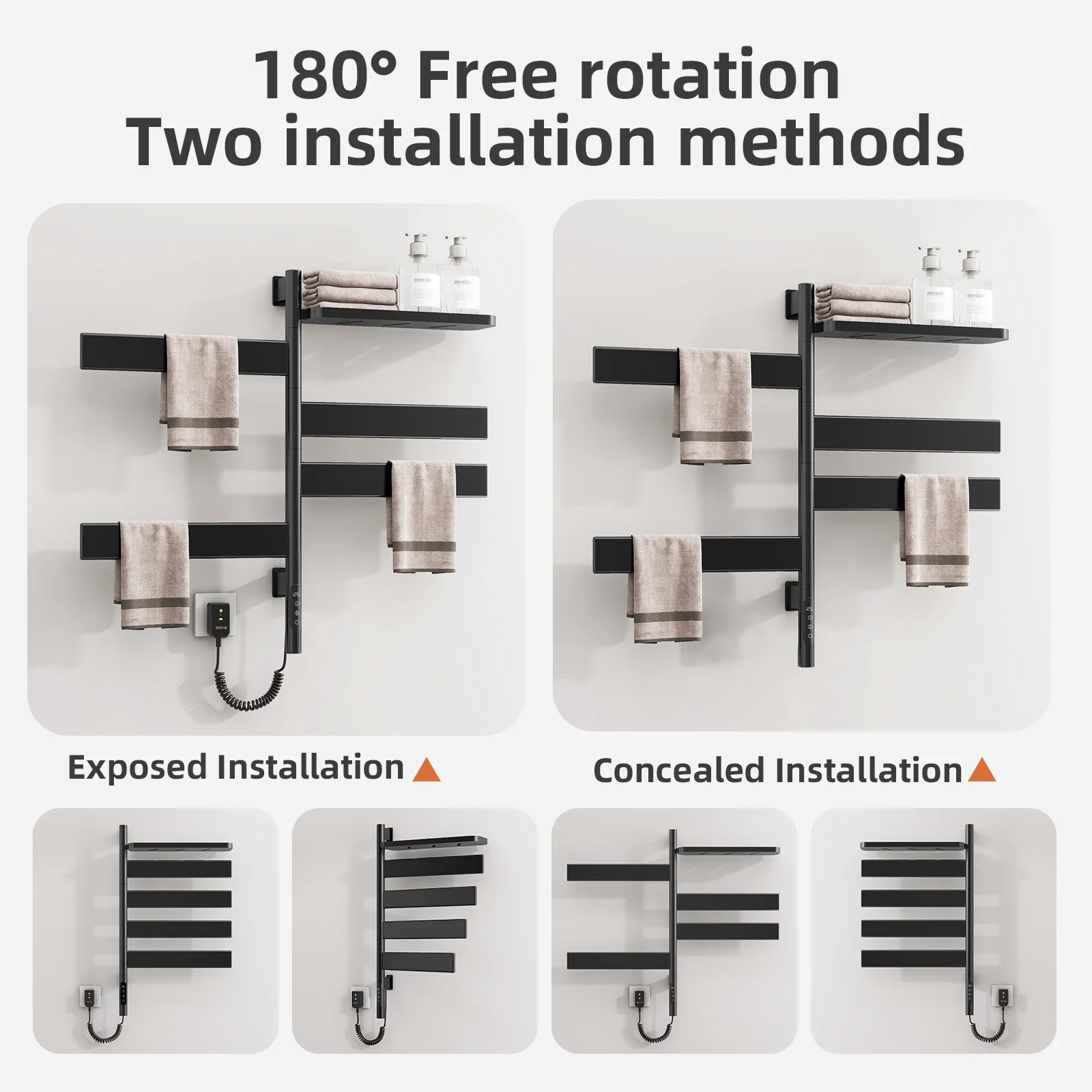 SIOYIE Rel Handuk Pemanas Elektrik Penghangat Handuk Putar dengan Rak Pengering Handuk Pemanas Plug-In/Kabel Kamar Mandi