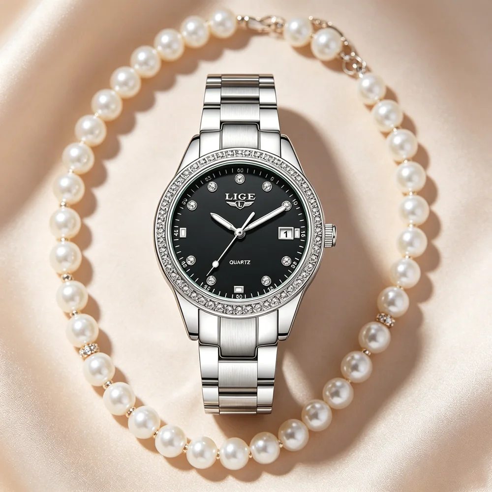 LIGE Brand Original Quartz Watch Women Watch Fashion Waterproof Luminous Stainless Steel Diamond Date Women's Watch Reloj