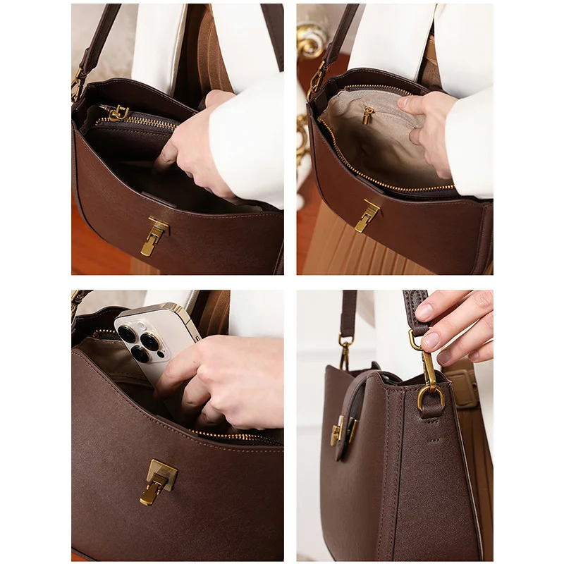 Women Vintage Brown Saddle Crossbody Bag Genuine Leather Half Moon Shoulder Purse Retro Metal Lock Underarm Handbag Daily Work